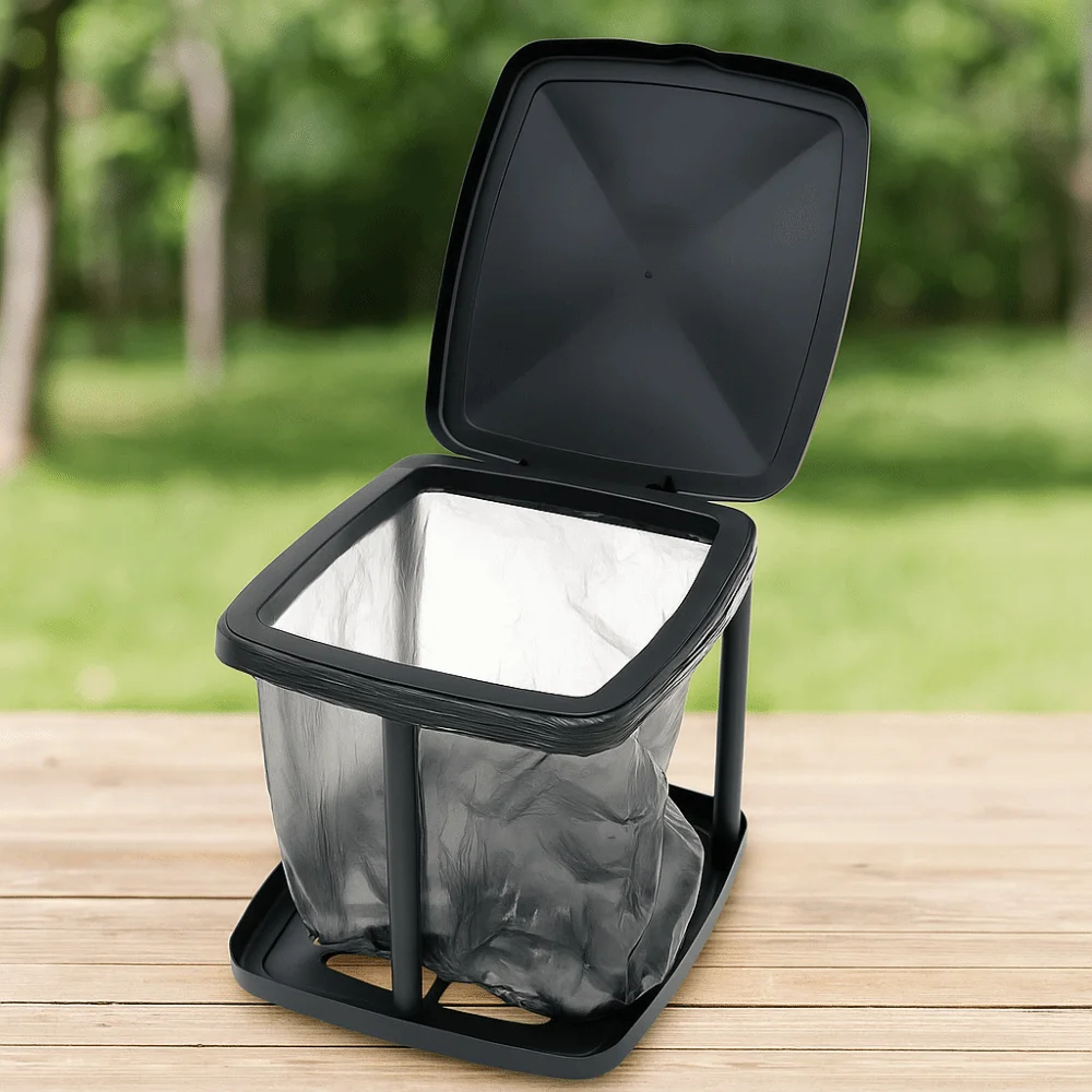Soporte plegable para bolsa de basura, soporte de plástico portátil, soporte telescópico con tapa, bolsa de basura, estante auxiliar para acampar