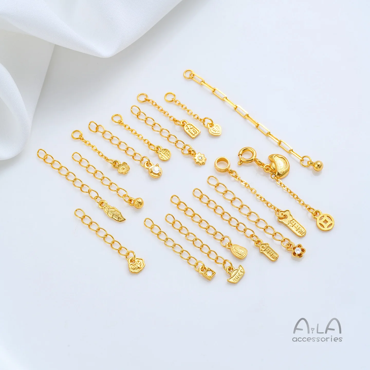 24K Gold Plated Brass Lucky Tag, Ingot, Coin, Leaf, Zircon Flower Extension Chain DIY Bracelet Necklace Jewelry Accessories