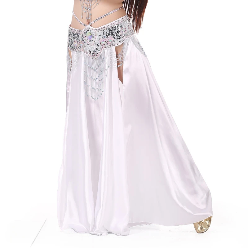 Gonna lunga da donna con pannello in raso 2 spacco laterale danza del ventre tribale altalena costume zingaro abito sexy doppio forktail chiesa lode oro