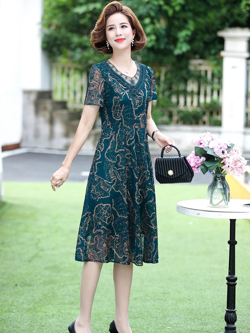 

Faionable Mom Летняя одежда Шифон Dr ort Sve Женские Dr 50-летние Женщины среднего возраста Ele Среднего возраста W...