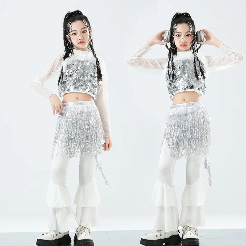 Meninas k-pop prata lantejoulas malha colheita topo calças de dança de rua crianças hip hop brilhante streetwear crianças jazz menina grupo roupas conjuntos