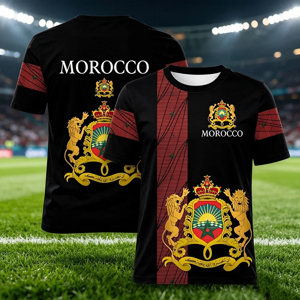 Morocco 3D Printed Comfort Fashion Soccer T-Shirt for Men Flag Crest Short Sleeve Football Fan Jersey Crew Neck Family Kids Tees