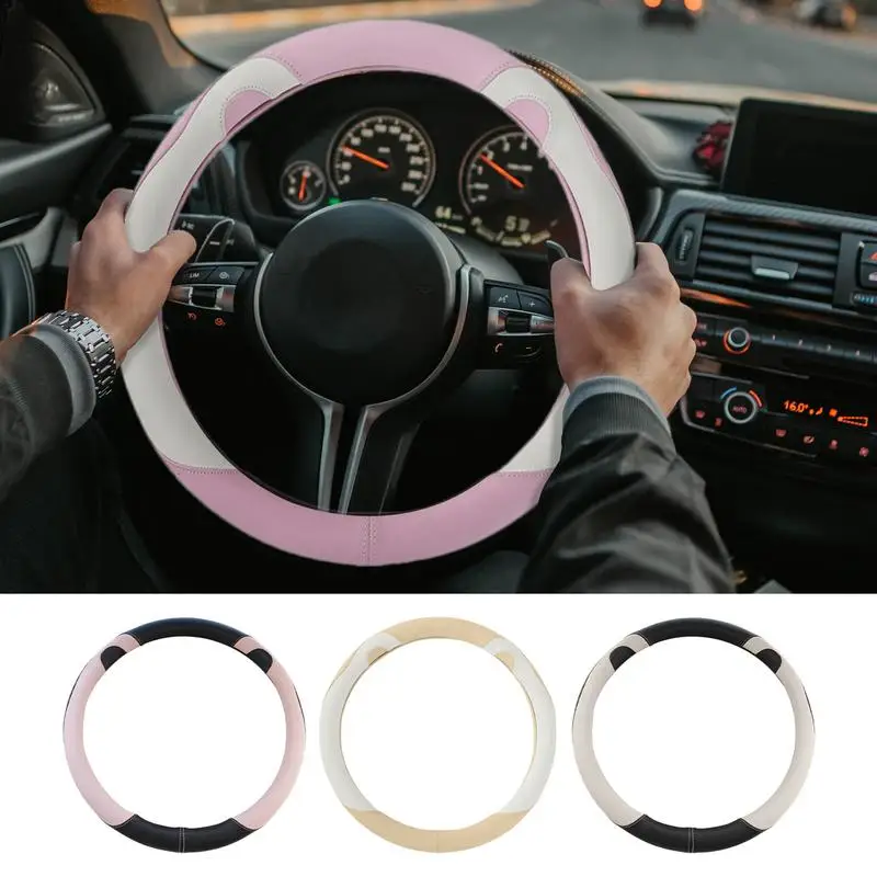 PU Leather Steering Wheel Cover Cartoon Bear Ears PU Leather Automotive Steering Wheel Decorate Protector Sweat-Absorbent Car