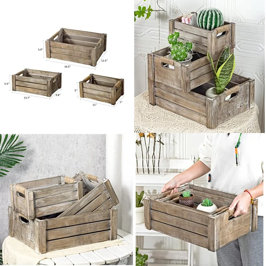 

Set of 3 Rustic Wood Nesting Crates, Farmhouse Wooden Storage Container Boxes with Cutout Handles, Decorative Wooden Baskets fo