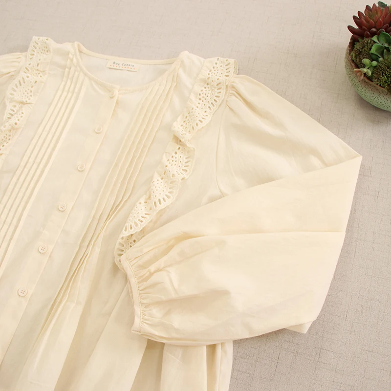 Japan Style Sweet Mori Girl  Boho White Embroidery Ruffled Shirts Woman Autumn Spring Elegant Casual Loose Cotton Blouses Tops