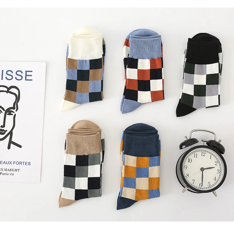 5 Pairs Colorful Argyle Pattern Cotton Men Crew Dress Socks Pack Novelty Quality Designer Harajuku Gifts for Men Husband Happy