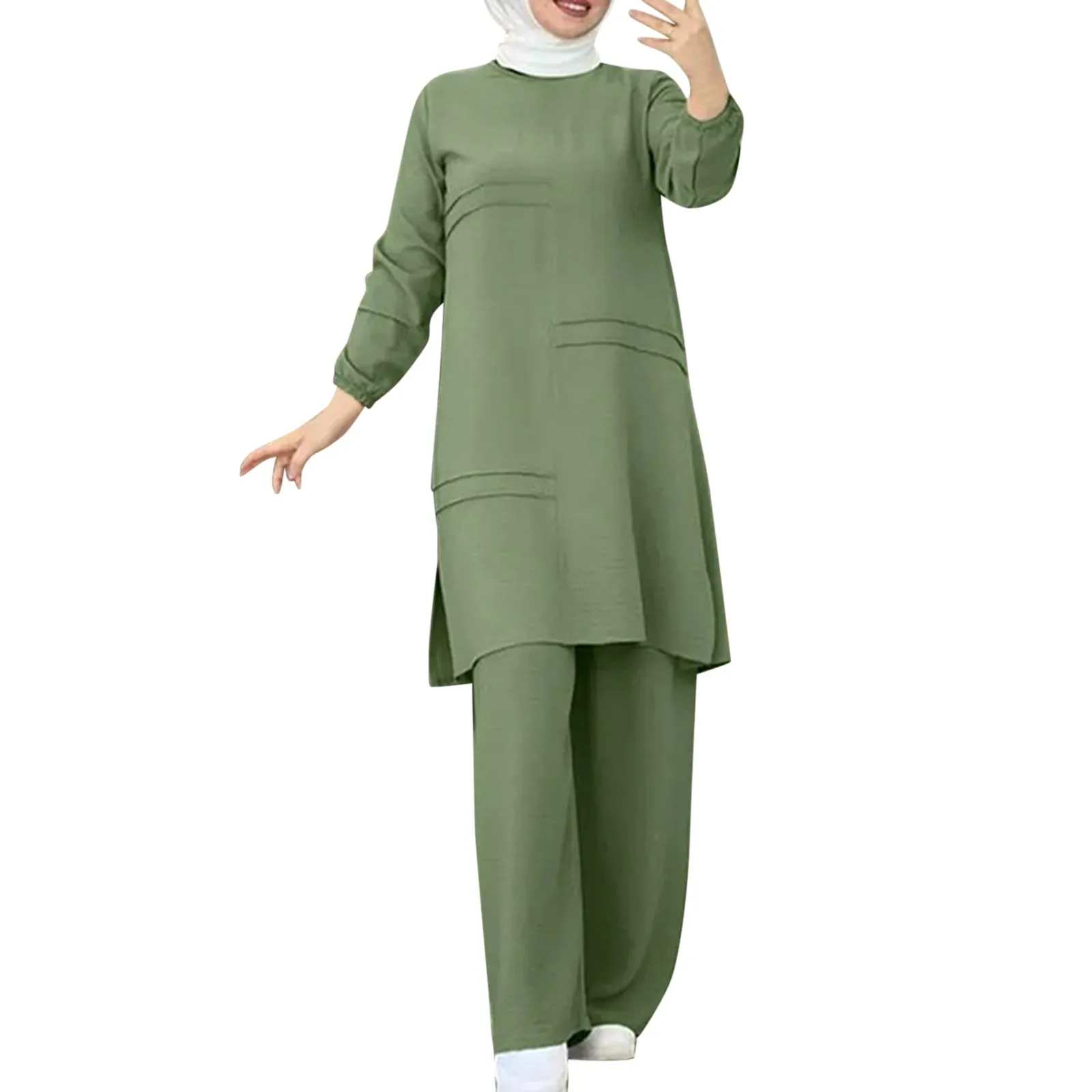 Women Sets Fashion Muslim Sets Two Pieces Suits Islamic Clothing Long Shirts Pullover Tops With Straight Pants Loose Trousers