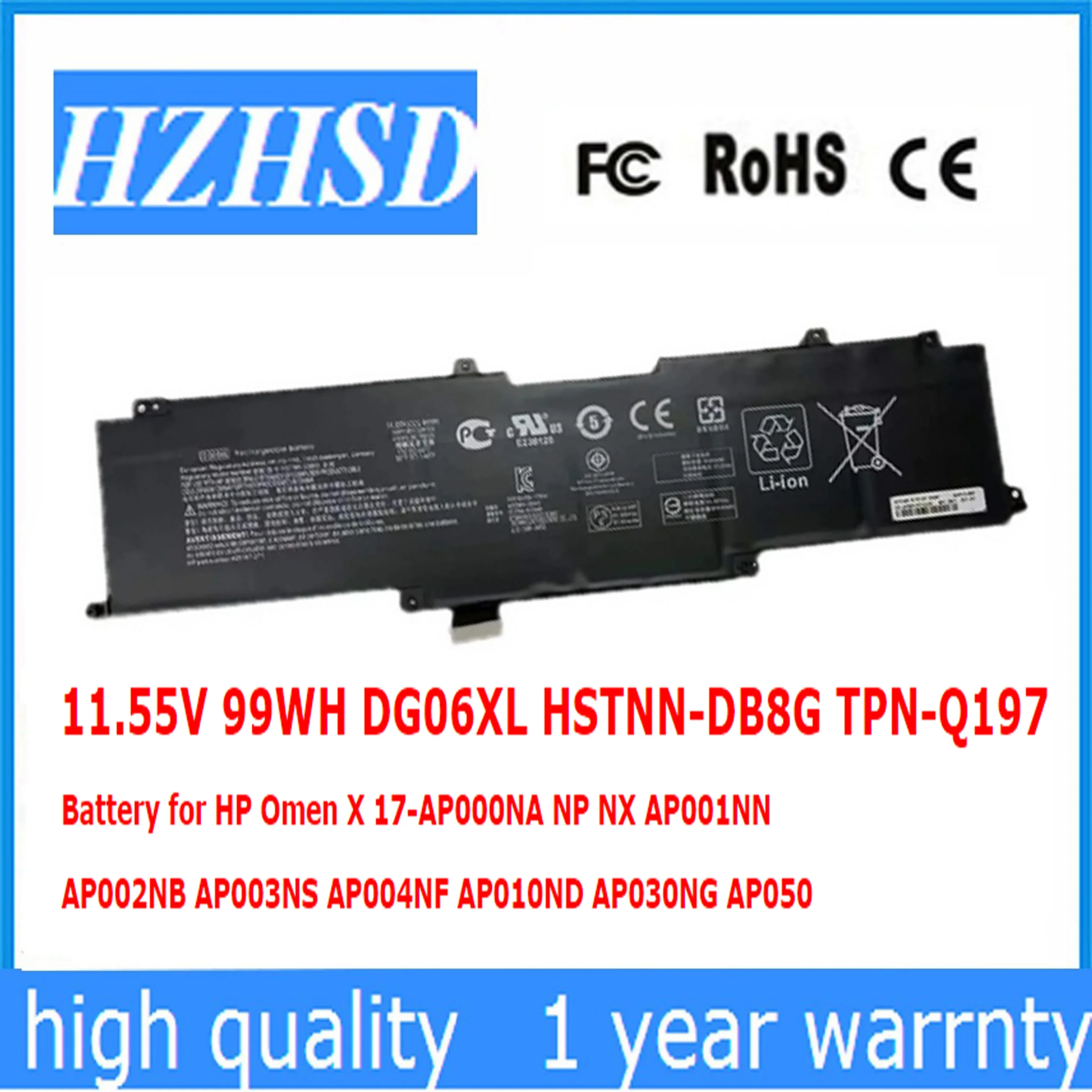 

11.55V 99WH DG06XL HSTNN-DB8G TPN-Q197 Battery for HP Omen X 17-AP000NA NP NX AP001NN AP002NB AP003NS AP004NF AP010ND AP030NG