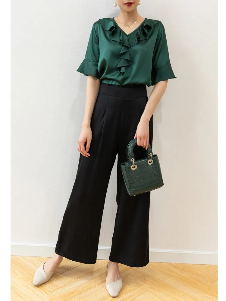 Pocket Design 93% Natural Mulberry Silk Elastic Double Qiao Satin Black Drape Comfortable Women's Fashionable Casual Pants