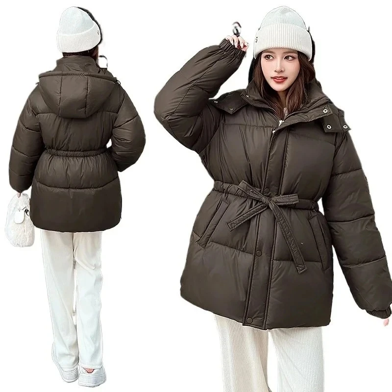Mittellange, warme, verdickte Daunen-Baumwolljacke, koreanischer, lockerer Baumwollmantel mit Kapuze, 2025, neue Damen-Langparkas, Mantel, Damen-Outwear