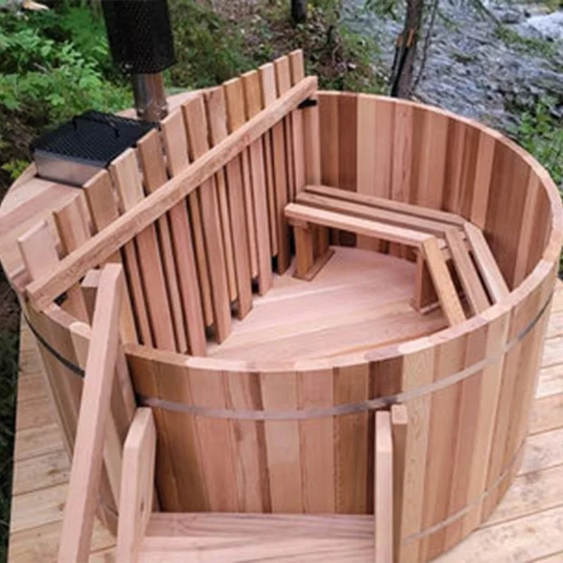 Wooden Hot Tub, 2-Person Outdoor Wood Burning Spa Bath Barrel, Red Cedar Soaking Tub