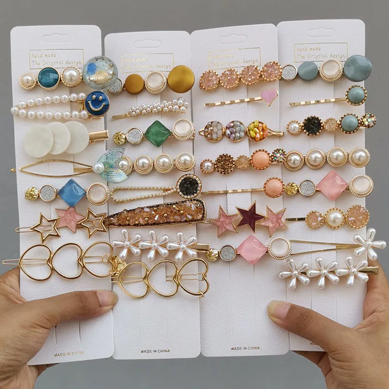 New Pearl Crystal Acrylic Hair Clips Set for Women Retro Geometric Barrettes Hairpins Girl Jewelry Korean Styling Tool Wholesale