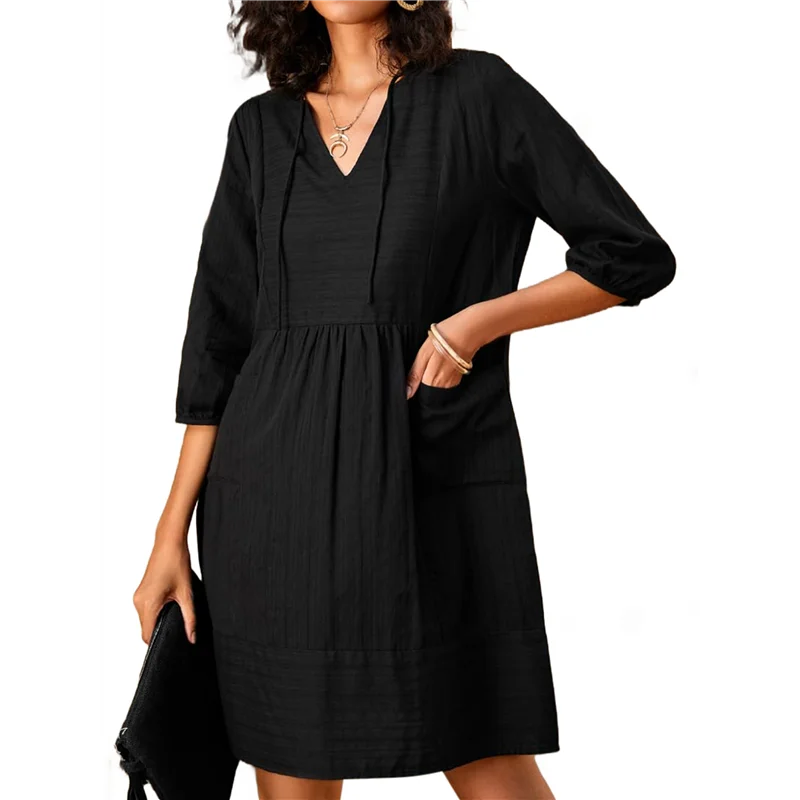 ABP-Vestido feminino de algodão com decote em V casual solto túnica blusa vestidos de verão vestido de férias manga 3/4 bolso