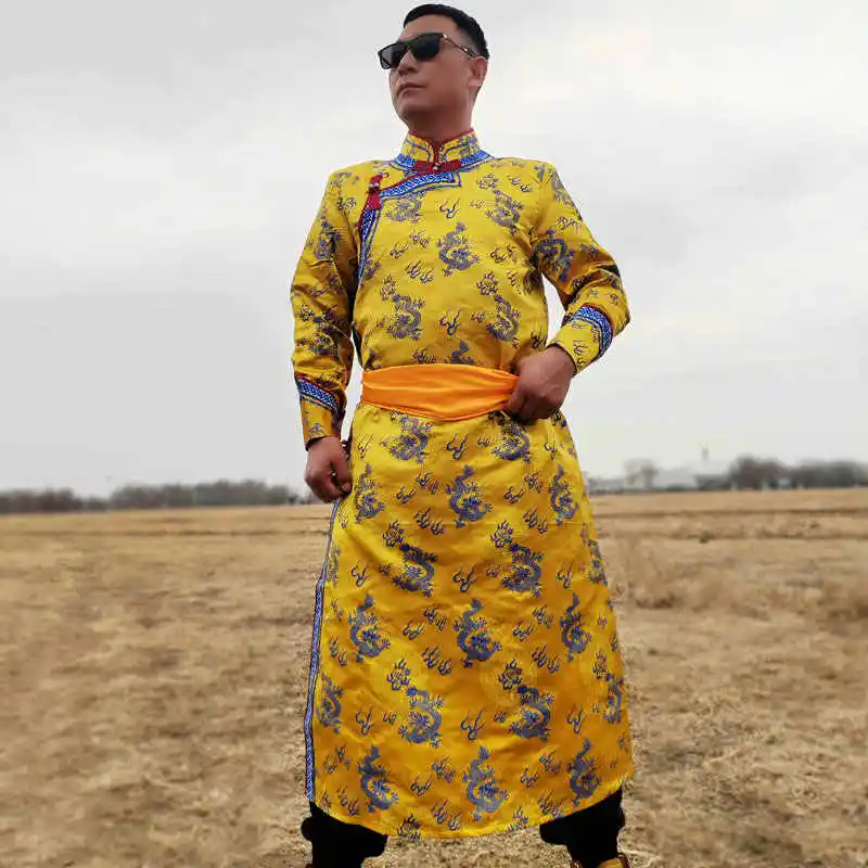 Men's Mongolian Traditional Robe Embroidered Dragon Pattern Ethnic Gown Spring Summer Autumn Mongolia Stage Performance Costume