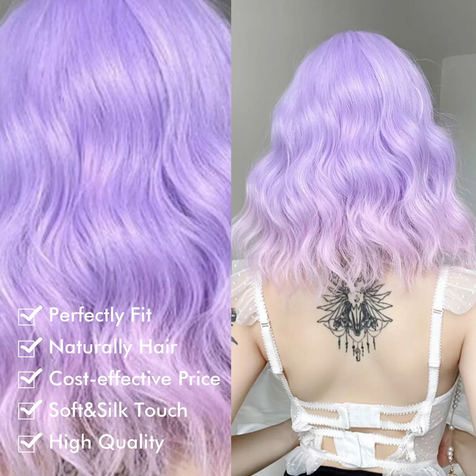 Short Cute Synthetic Wavy Curly Wigs Ombre Purple Hair Wig with Bangs for Girls and Women Daily Cosplay Party Use Heat Resistant