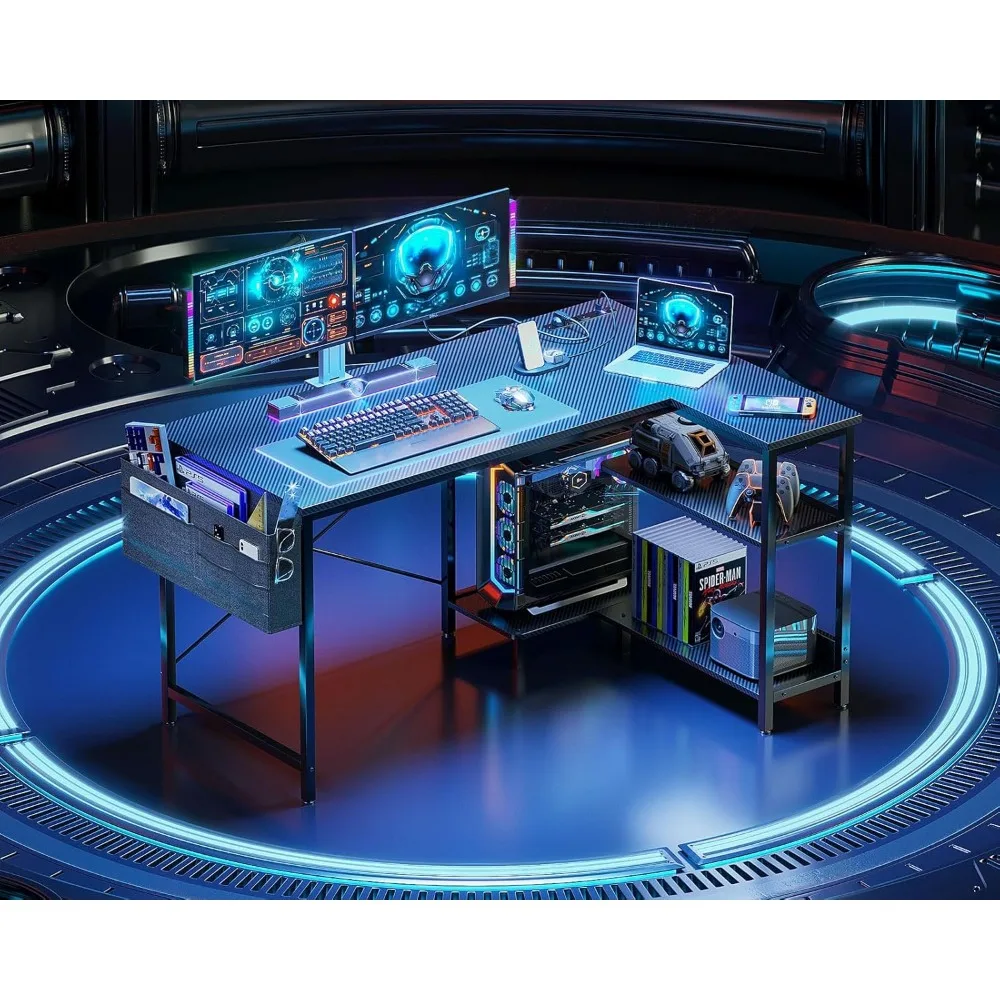 Gaming Desk 48 Inch Small L-Shaped with Power Outlets, Corner Desk, Reversible Shelves, and PC Stand for Small Spaces