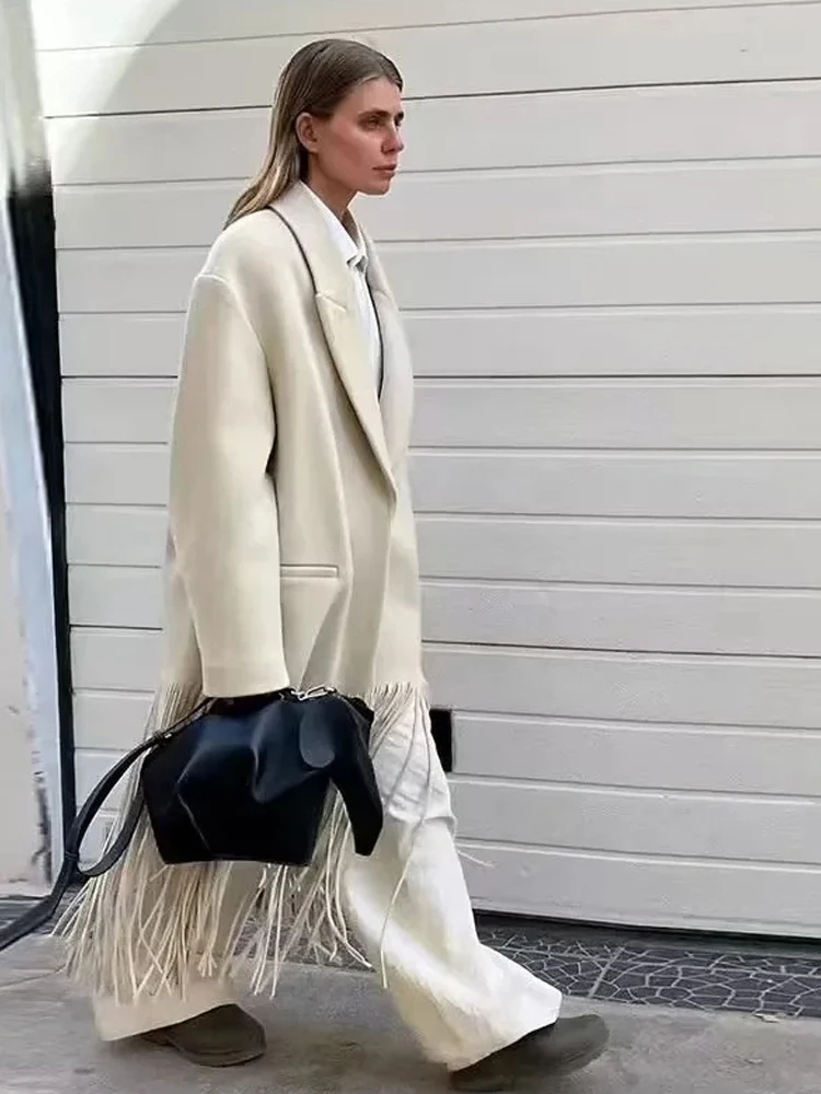 Women Minimalist Woolen Long Coat Open Front Wide Lapel Fringe Hem Casual Jacket Fall Winter Daily Chic Luxury Street Outfit