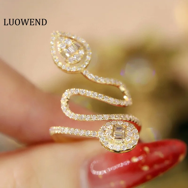 

LUOWEND 18K Yellow Gold Rings Creative Line Design INS Style 0.85carat Real Natural Diamond Ring for Women High Party Jewelry