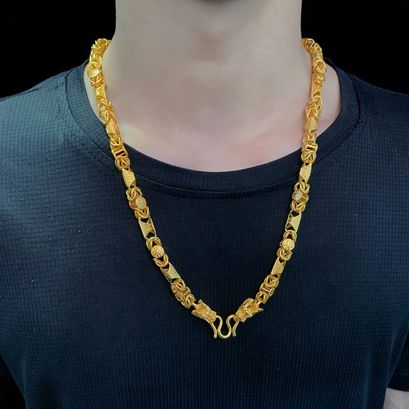 Mylux Jewelry 9999 24K real gold auspicious double dragon head necklace, domineering men's necklace, fashionable boss chain