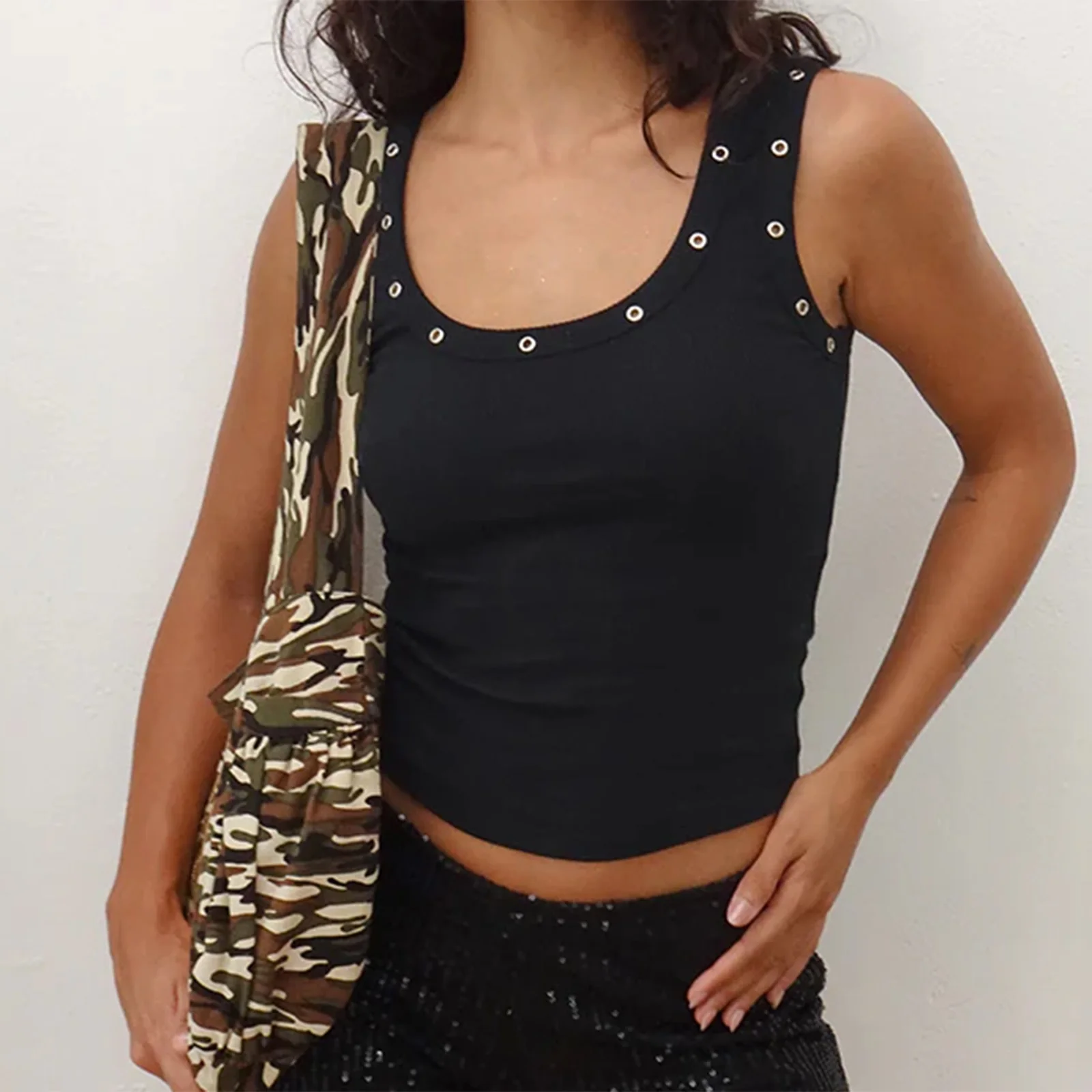 New Fashion Women Tank Tops Sleeveless Tops U Neck Eyelets Solid Slim Fit Summer Streetwear Hot Sale S-XL
