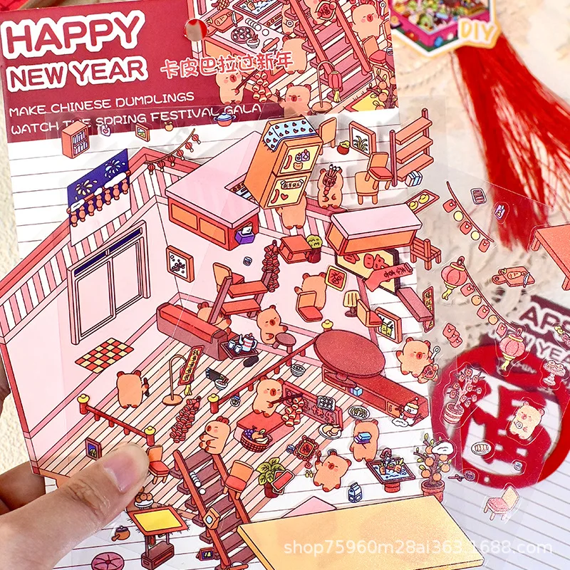 2.5D Mini Diorama Sticker Kit Cute Cartoon Theme Scene Building Decals DIY 3D Dollhouse Craft Stickers Stress Relief Handmade
