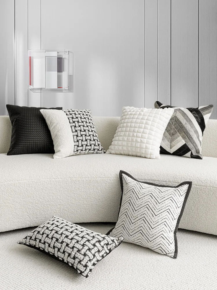 Modern Simple Sofa Pillow Cover New Chinese Style High-End Black White Tassel Flower Embroidery Cushion Cover Home Decor