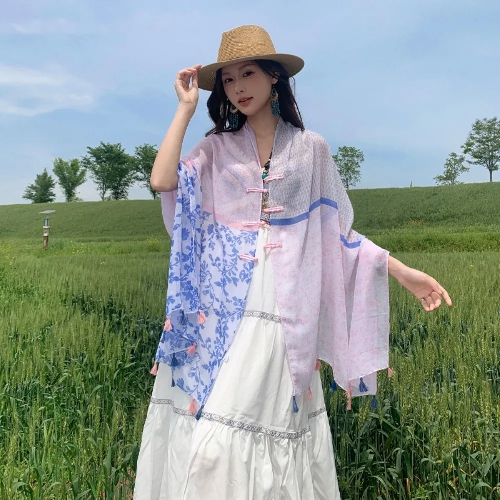 Moda nodo bottone protezione solare sciarpa scialle paisley nappe cardigan mantello grande sottile mantello in stile nazionale vacanza