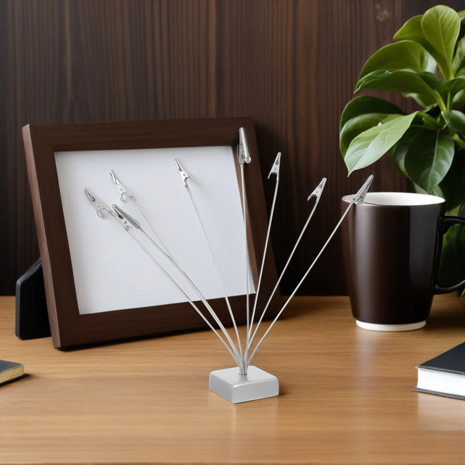 2Pcs Silver Memo Clip Holder Multihead Square Base Desktop Note Organizer Card Photo Clips Office Desk Organizer Stand