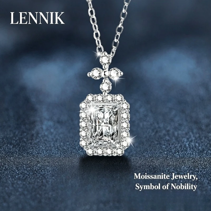 LENNIK S925 Sterling Silver Moissanite Pendant Necklace Light Luxury Niche High-end Clavicle Chain for Women