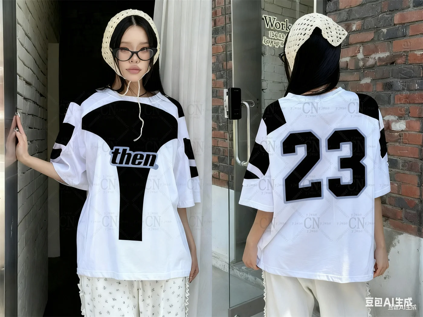 الكورية نمط جديد 23 طباعة الجرافيك تي شيرت س الرقبة ملابس رياضية فضفاضة قصيرة الأكمام المألوف الشارع ارتداء Y2k تي شيرت المرأة #6