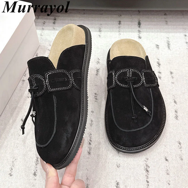 Lazy Mules Women Cow Suede Decor Closed Toe  Flat Half Slippers Spring Autumn Outdoor Vacation Walking Shoes Zapatos De Mujer