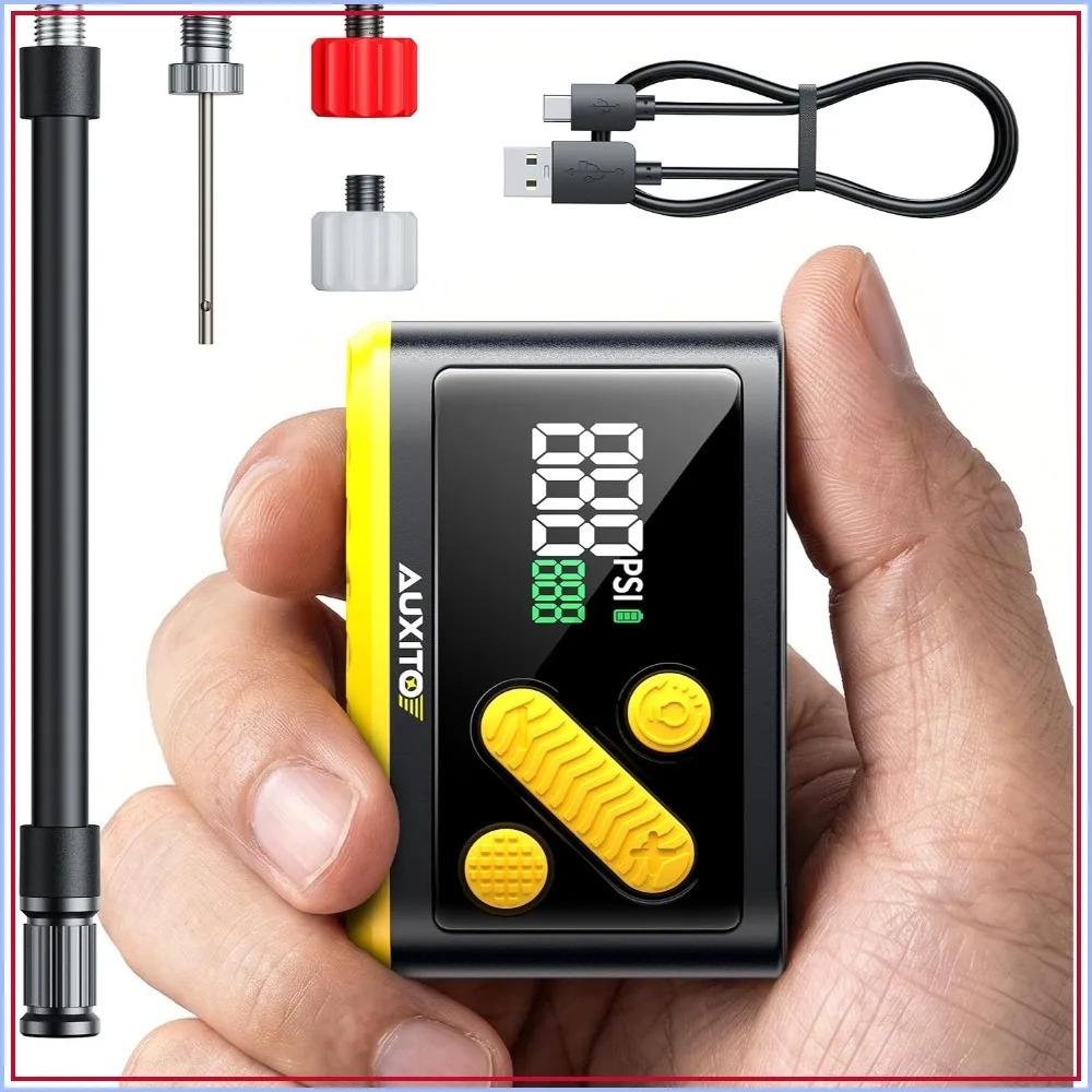 Electric Bike Pump 20s Fast Inflate 120 PSI, Mini Air Pump with Gauge, Auto Stop, Portable for Motorcycle, Mountain Bike, Road Bike, E-Bike, Sports Ball