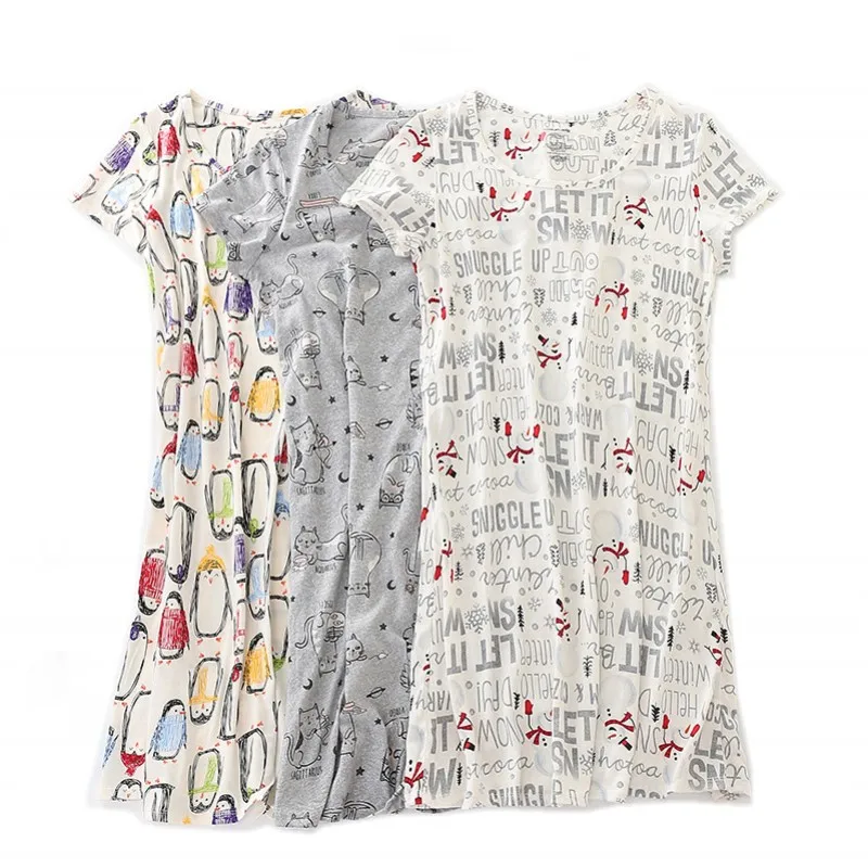 

Summer Women Casual Cartoon Sleep Dress 100% Cotton Nightgown Plus Size Dresses Women Chemise de nuit Short Sleeve Home Dress