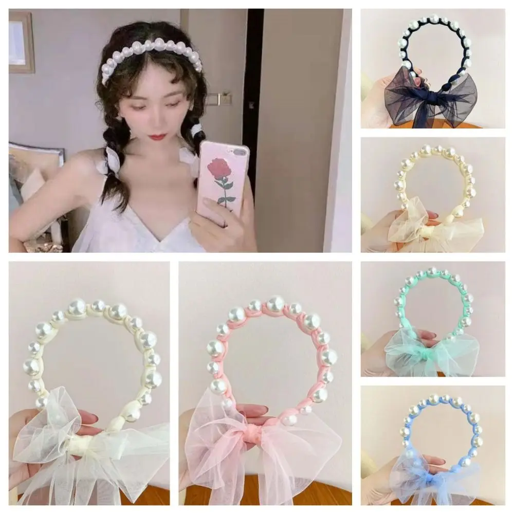 Sweet Korean Style Pearl Ribbon Hairband 3D Head Wear Princess Hair Hoop Hair Wear Hair Clip Children Wreath Headband Decoration