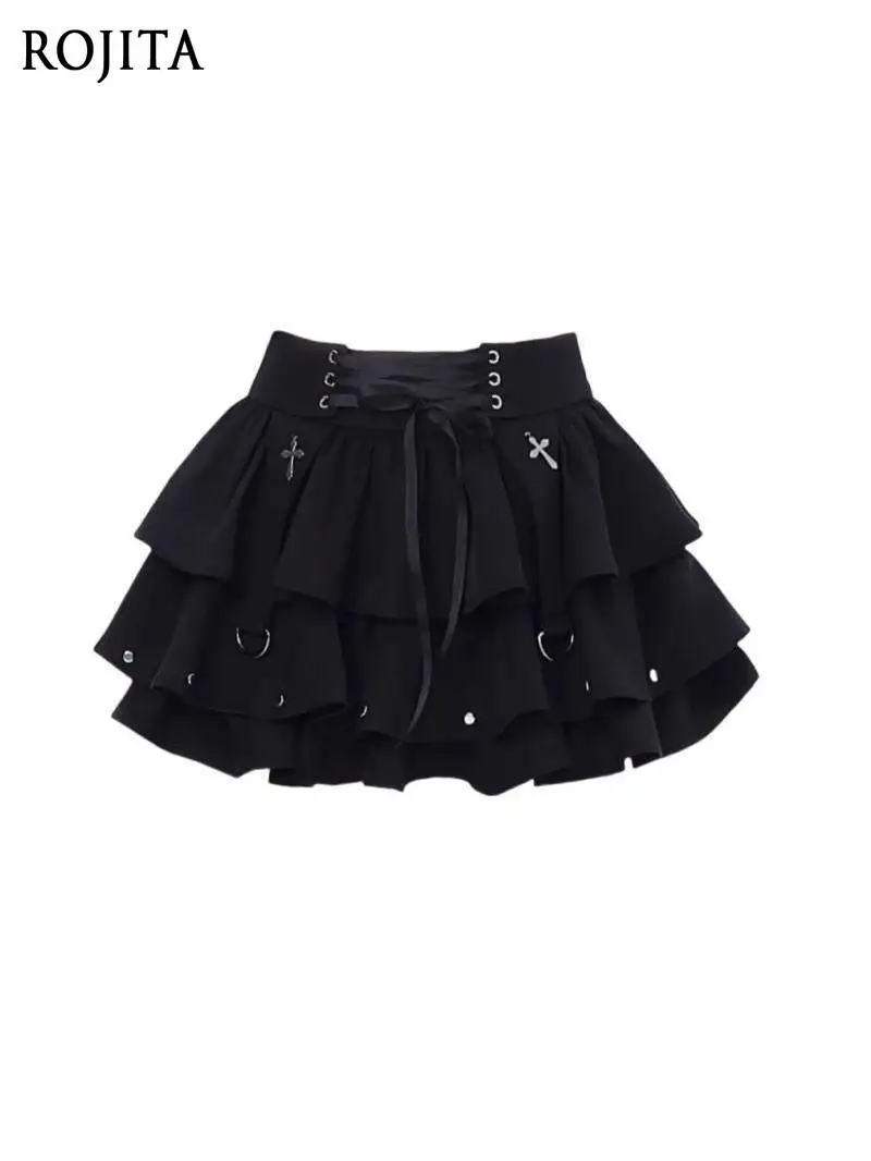 

Black Y2K Spice Girl Strap Fluffy Cake Skirt Women's Summer 2026 New Design High Waist A-line Skirt Goth Skirt