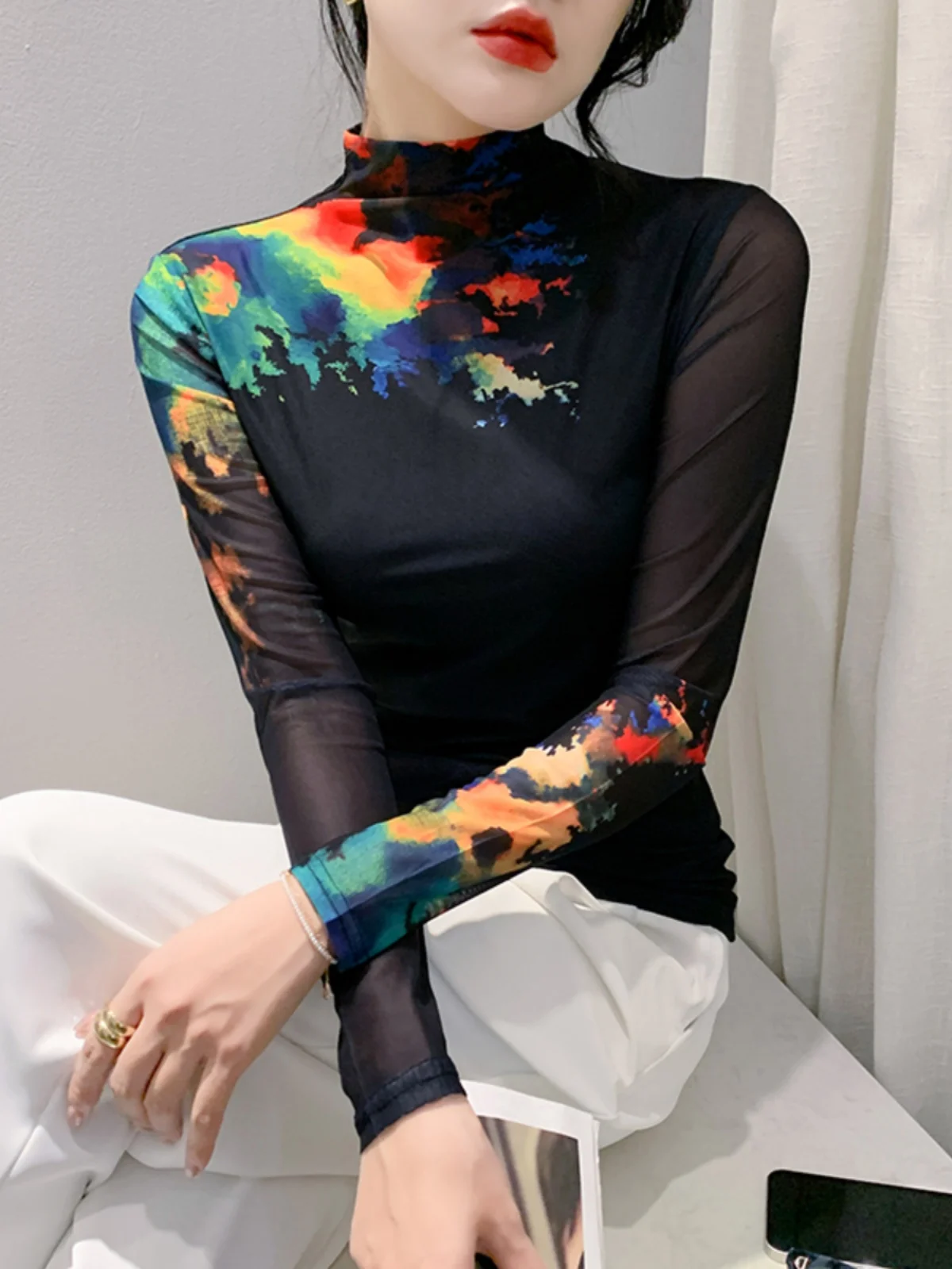 2023 Autumn Winter Turtleneck Long Sleeve T-shirt Tees For Women High Stretch Slim Printed Mesh TShirts Female Tops FF0865