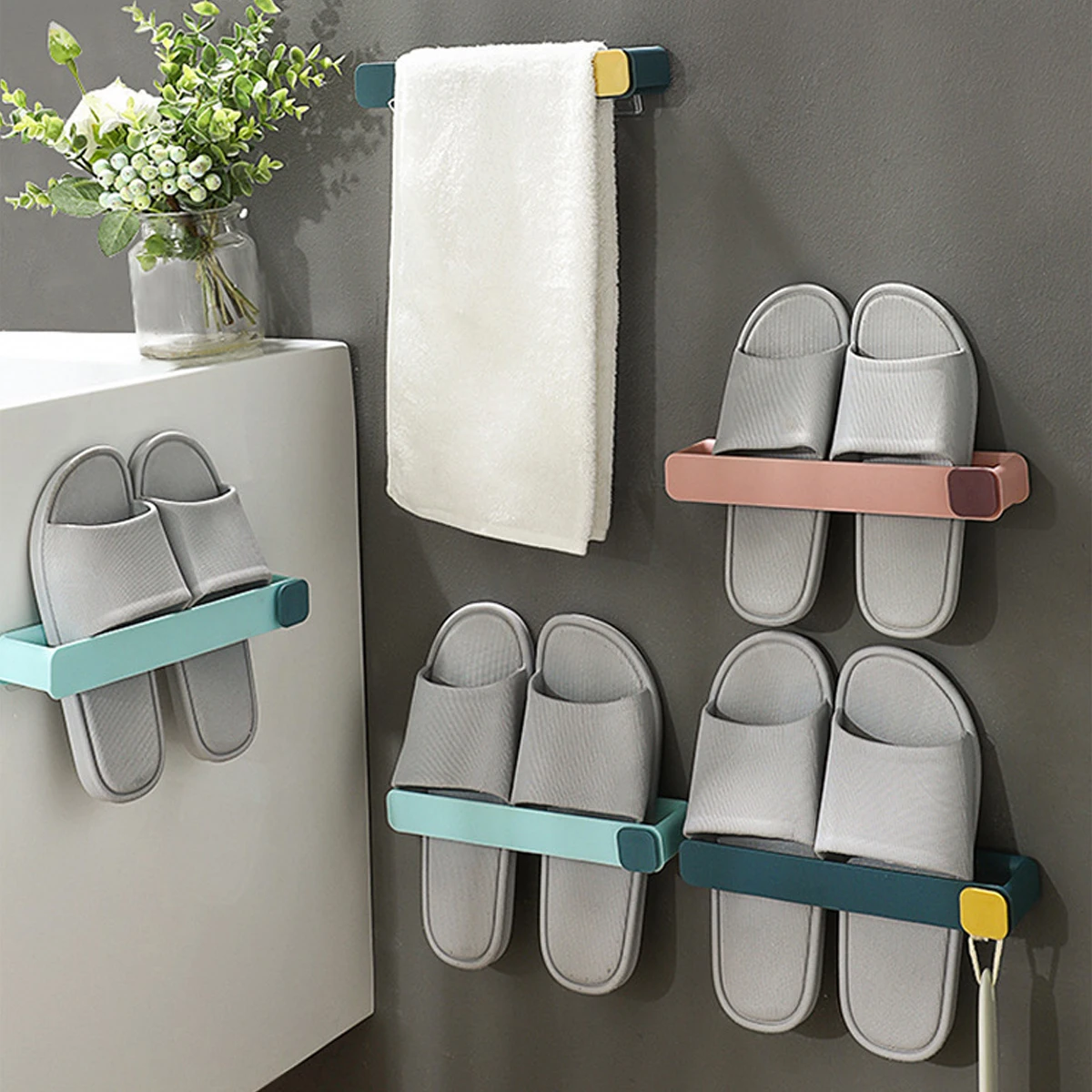 Bathroom Slipper Shelf No Punching Wall Mounted One Piece Shoe Rack Space Saving Shelf Bathroom Hanging image 2