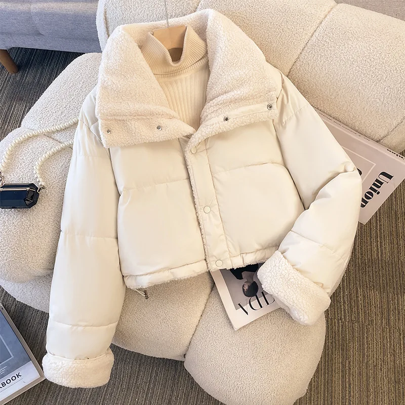 

Women Double-sided Wear Winter Jacket Solid Color Lapel Faux Lamb Wool Coat American Casual Fashion High Street Thick Overcoat