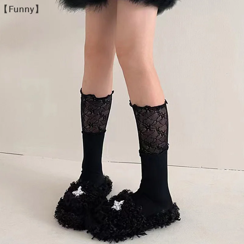 〔Funny〕Solid Color Lace Flower Print Stockings Sexy High Knee Socks Women's Thin Transparent Calf Socks Fashion Accessories