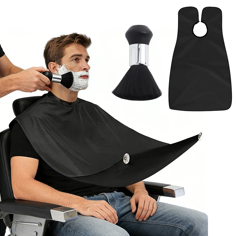 

1Set Waterproof Shaving Apron Beard Collector Hair Catcher&Soft Black Hairdressing Sweeping Hair Cleaning Brush Barbershop Tools