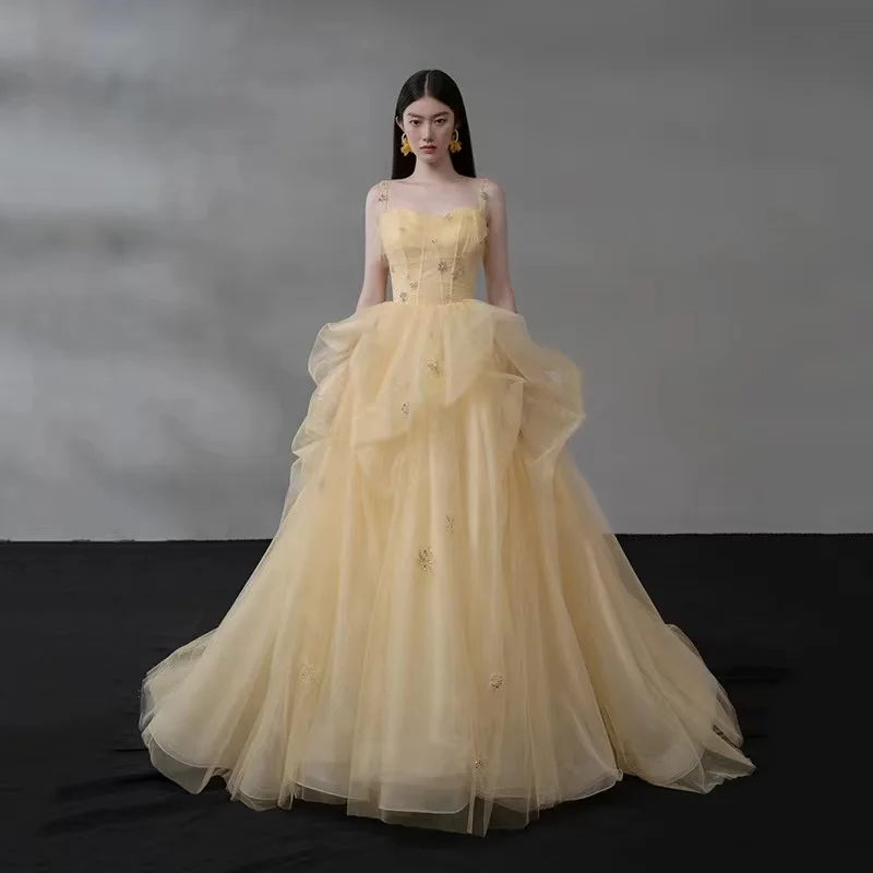 

Champagne Prom Dress A-Line Strapless Spaghetti Strap Tulle Floor Length Chapel Train Backless Birthday Tiered Bridal Ball Gowns