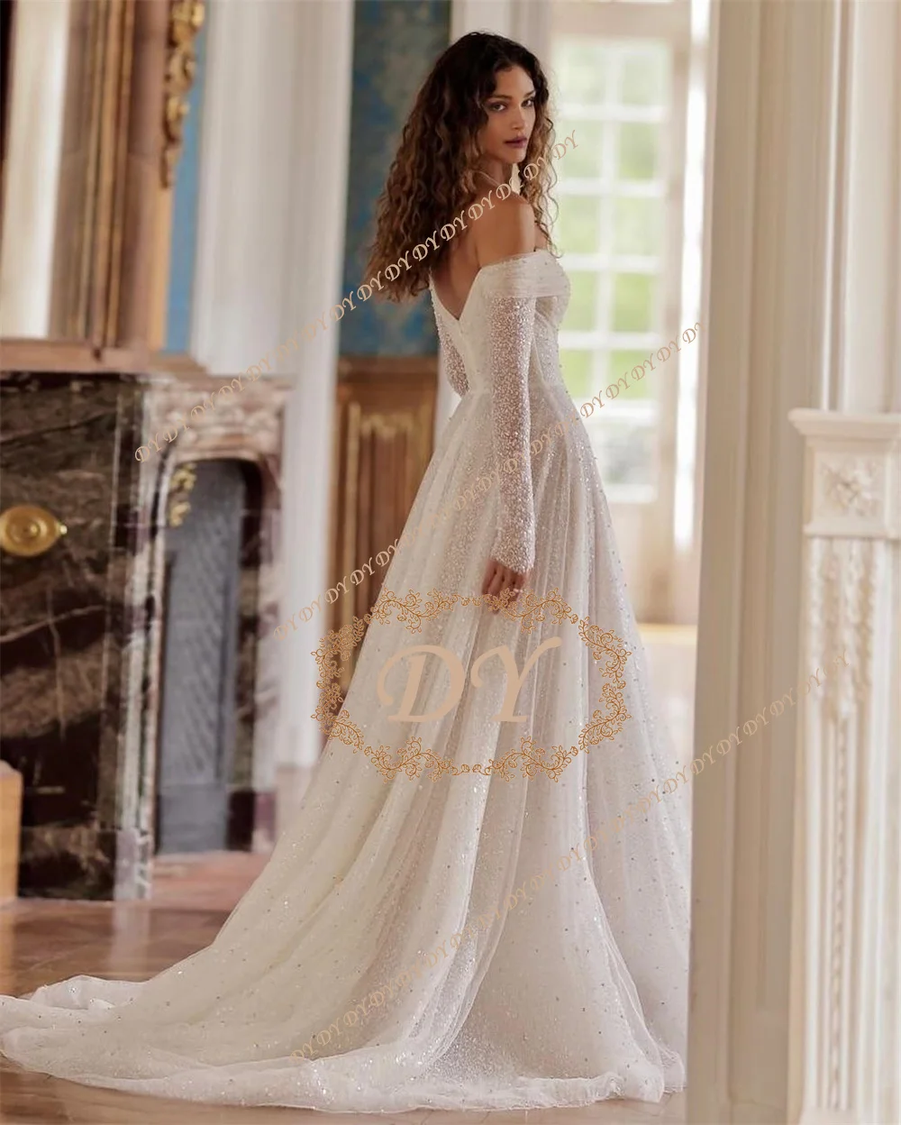 DY Customized Stunning Off the Shoulder Wedding Dress Long Sleeves with Sparkling Sequins Bling Bling Bridal Dress for Dazzling