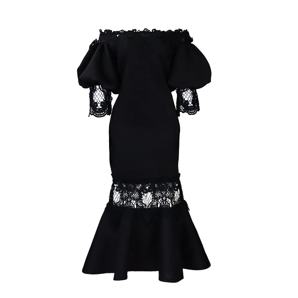 Feminino uma palavra gola manga bolha renda emenda banquete fishtail vestido saia vestido longo temperamento simples sexy high-e