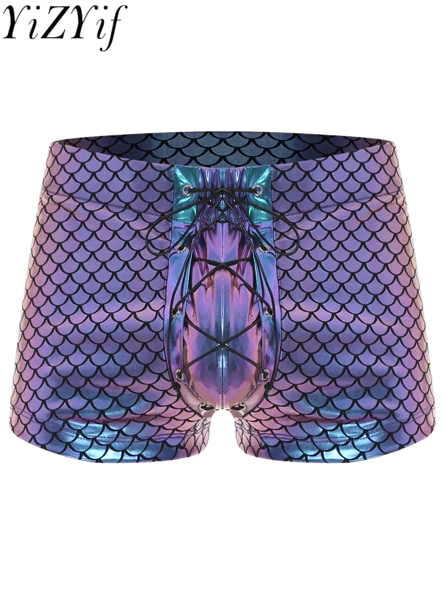 

Summer Fashionable Swim Trunk Shorts Men Shiny Fish Scale Mermaid Print Lace-up Boxer Shorts for Beach Bay Vacation Underwear
