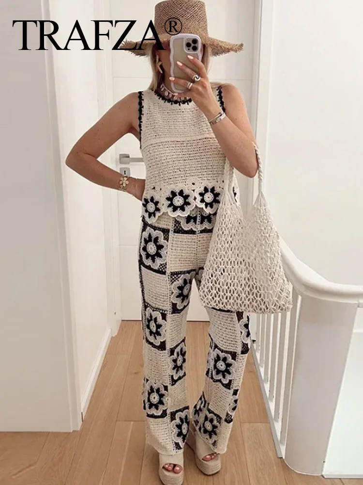 TRAFZA 2024 Summer Women Fashion Trouser Suits Knitting Crochet Flower Short Vest Top + Wild Casual Female Wide Leg Long Pant