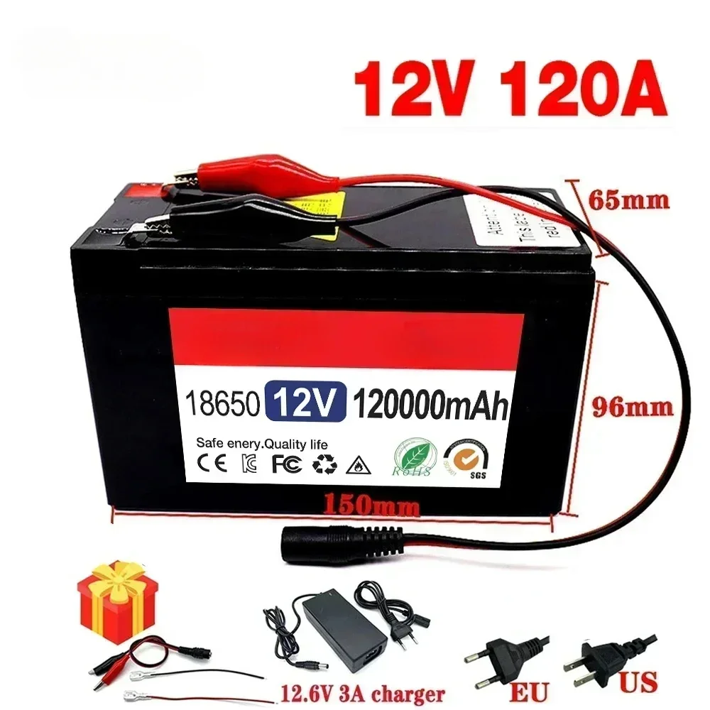 12V 120Ah 18650 lithium battery for Solar Panels 30A  built-in high current BMS electric vehicle battery +12.6V charger