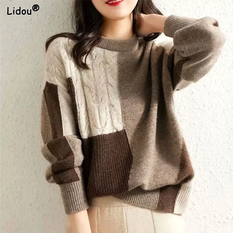 Sweaters Round Neck Patchwork Loose Solid Women\'s Clothing Autumn Winter Thin Fashionable Temperament Pullovers Knitted Casual