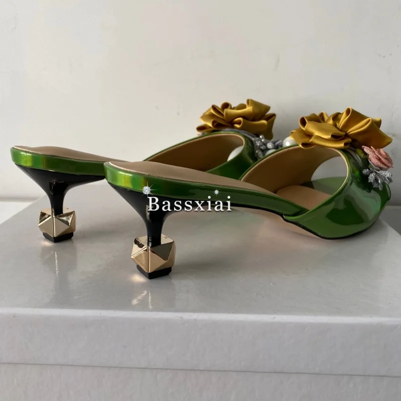 Crystal Decor Handmade Flower Sandals Women Unique Rivet Kitten Heel Patent Leather Slingbacks Summer Shoes view 3