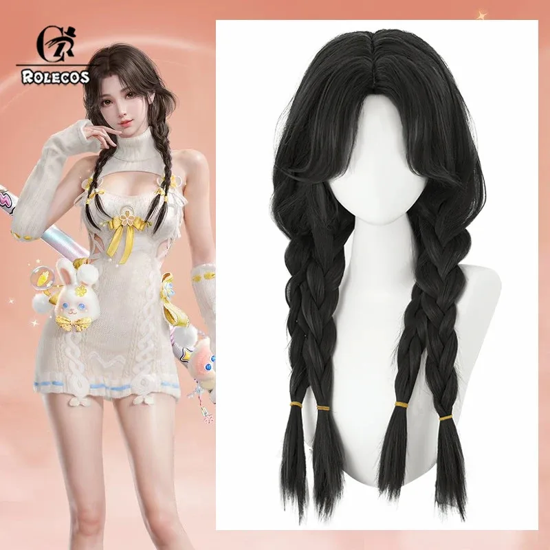 ROLECOS Naraka Bladepoint 2nd Heart Beat Kurumi Hutao Cosplay Wigs 55cm Long Black Braided Wig Heat Resistant Synthetic Hair