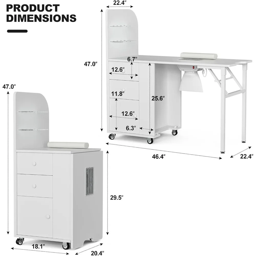 Foldable Nail Desk Manicure Table, Folding Nail Table Station for Nail Tech w/Dust Collector, 2 Open Shelves & 2 Drawers